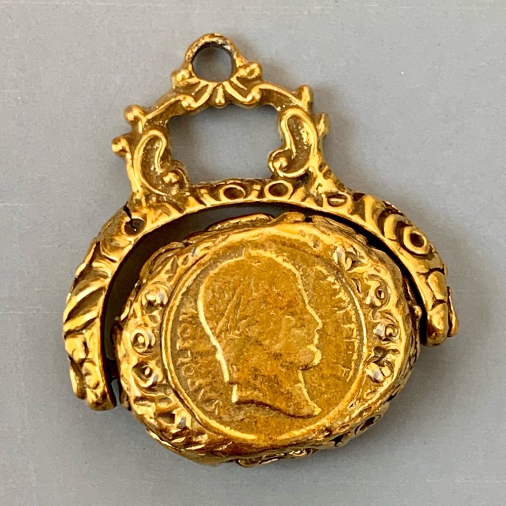Napoleon Emperor Gold Tone Vintage Spinner Fob Ornate Hieroglyph Pendant